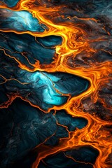 Aerial perspective of a complex river system, with bright orange and blue streams weaving through the landscape, creating a mesmerizing abstract design