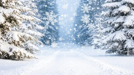 A serene winter wonderland adorned with tall snow-laden trees and a soft, powdery path winding through the enchanting forest