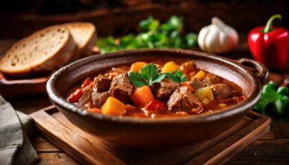 Hungarian goulash, hearty stew of beef, paprika and vegetables in traditional ceramic bowl.