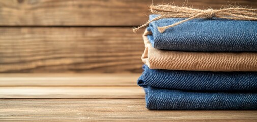 Close-up of denim bags on a rustic table in a boutique setting, capturing the texture and craftsmanship in a warm, inviting ambiance