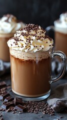 A rich and creamy mocha with whipped cream and chocolate sprinkles