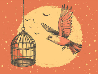 Fototapeta premium Unleashing Freedom: A Bird's Flight Out of the Cage of Confinement