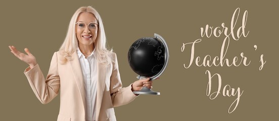 Banner for Teacher's Day with mature geography teacher