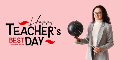 Banner for Teacher's Day with young geography teacher