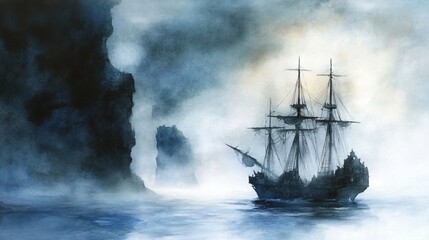 Obraz premium Ghostly ship, sailing through mist, gothic adventure, Watercolor style