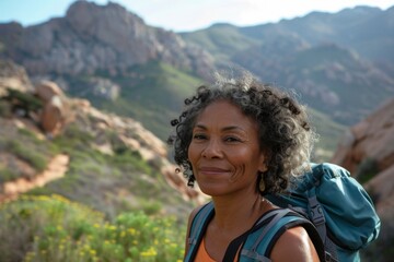 Fototapeta premium Portrait of a middle aged African American woman hiking in mountains