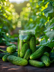 A jar of fresh cucumbers surrounded by cucumber plants.