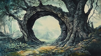 Fototapeta premium Hollow tree, gothic carvings, eerie woodland, Watercolor style