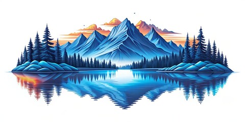 Fototapeta premium At sunset, a serene lake reflects a majestic mountain range, evoking a feeling of calm and serenity. Blue.
