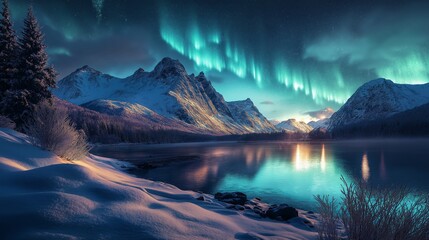 Obraz premium frozen polar landscape with northern lights illuminating the night sky