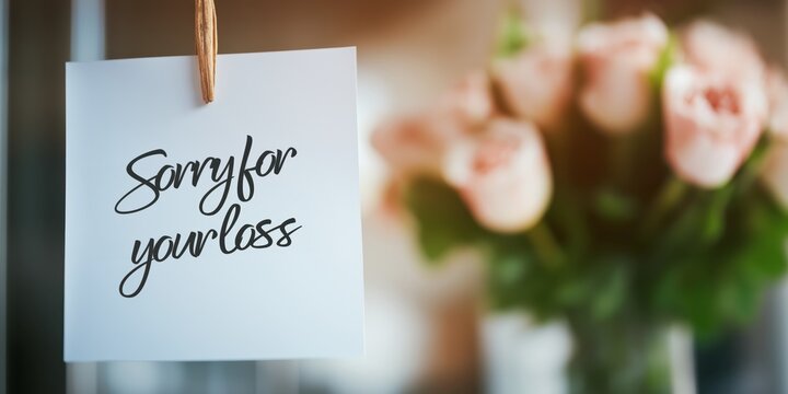 Sorry for your loss written on a white card. In the background is a gift of a bouquet
