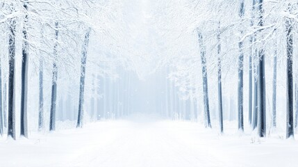 Fototapeta premium A serene winter wonderland adorned with tall snow-laden trees and a soft, powdery path winding through the enchanting forest