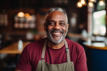 Fototapeta premium Portrait of a smiling male middle aged African American bartender