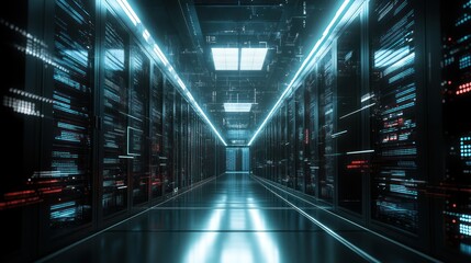 Server rack corridor with glowing internet connection.