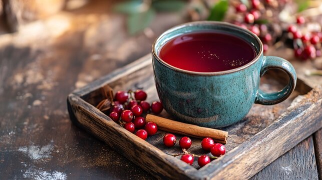 A cup of schizandra berry tea, with fresh schizandra berries and a sprinkle of cinnamon on a wooden tray