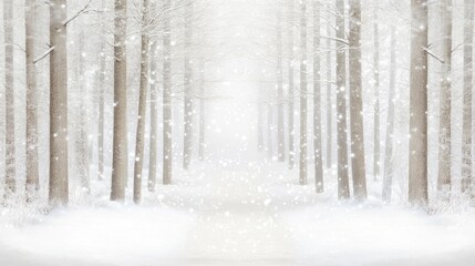 A serene winter wonderland adorned with tall snow-laden trees and a soft, powdery path winding through the enchanting forest