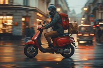 Delivery man wearing a helmet is riding a scooter in the city on a rainy night