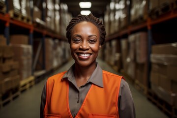 Fototapeta premium Portrait of a smiling middle aged female warehouse worker