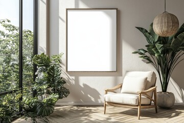 Poster Frame in Beige minimalist living room interior created with generative AI
