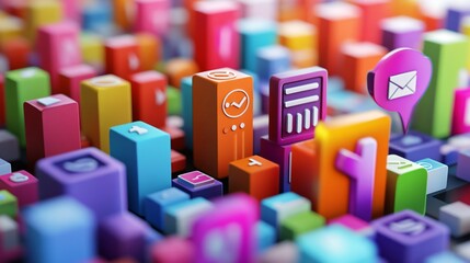 Social media data analysis, colorful metrics and social icons, 3D illustration