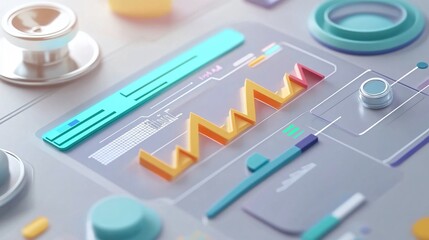 Healthcare data analysis, medical charts and metrics, 3D illustration