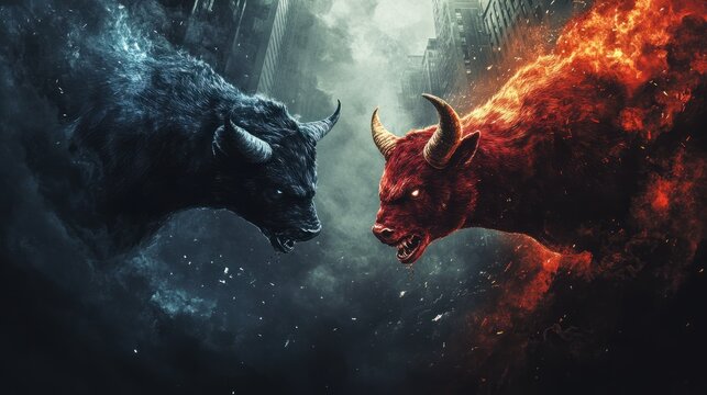 A symbolic representation of stock market greed and fear, depicted as mythical creatures