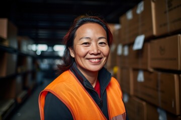 Naklejka premium Portrait of a smiling middle aged female warehouse worker