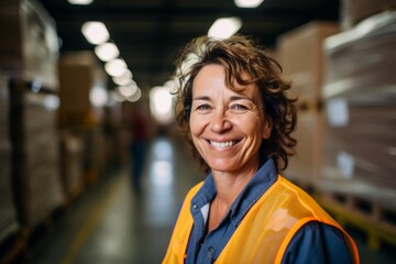 Naklejka premium Portrait of a smiling middle aged female warehouse worker