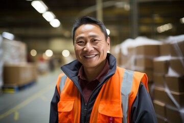 Fototapeta premium Portrait of a smiling middle aged female warehouse worker