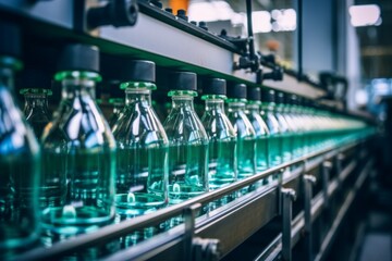 Line of plastic bottles on assembly line