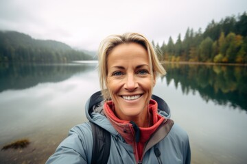 Portrait of a smiling middle aged woman taking selfie while hiking by a lake