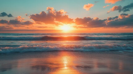 Fototapeta premium A serene ocean sunset with vibrant colors reflecting on the water, as gentle waves roll onto the sandy shore under a dramatic sky