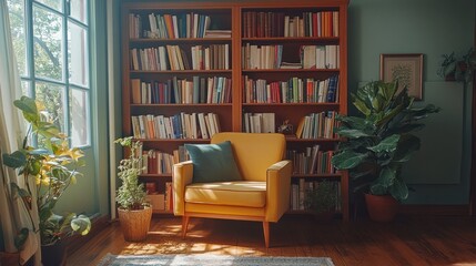 Fototapeta premium A therapists office with a bookshelf filled with mental health resources