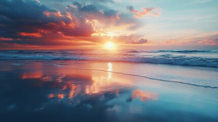 A dramatic sunset over the ocean with vivid clouds and colorful reflections on the wet sand, capturing the beauty of nature