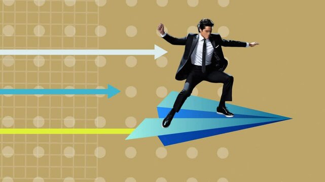 photo collage, cinemagraph, 2.5D, Stop motion, animation of businessman riding paper plane symbolizing innovative business approach, creative thinking, courage, taking risk, tough decission.