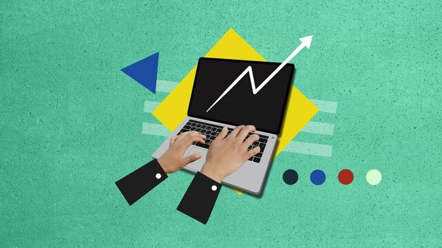 photo collage, cinemagraph, 2.5D, Stop motion, animation hand typing on laptop keyboard, Vintage, retro, cartoon, vector