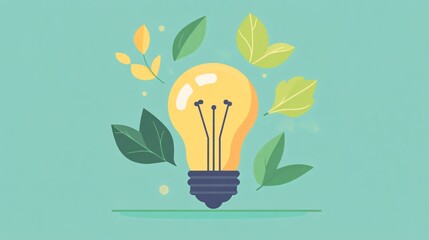 Light bulb with leaves, sustainable growth and ideas, flat design illustration