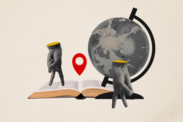 Composite creative abstract photo collage of funny fingers standing like people on book near globe...