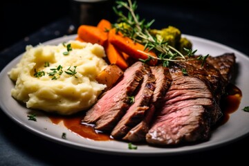 Close up of sliced roast beef with vegetables