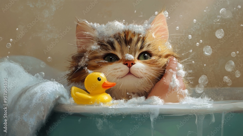 Poster a cute cat with its fur lathered in bubbles, sitting in a small tub, with a rubber ducky and a gentl