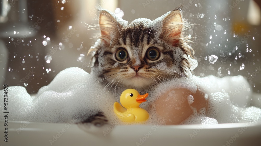 Poster a cute cat with its fur lathered in bubbles, sitting in a small tub, with a rubber ducky and a gentl