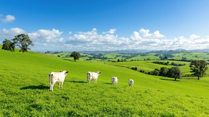 Fototapeta premium Tranquil Dairy Farm Landscape: Red Poll Cows Grazing on Rolling Hills beneath a Golden Afternoon Sky