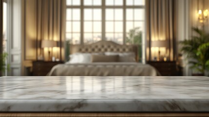 Fototapeta premium Elegant bedroom interior featuring a marble countertop with a luxurious bed and bright windows in the background.