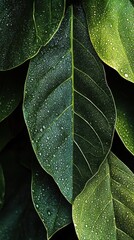 Fototapeta premium Close-up of green leaves with water droplets, vibrant and fresh, showcasing nature’s texture and beauty