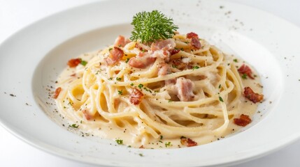 A delicious plate of spaghetti carbonara with creamy sauce and crispy pancetta, elegantly presented on a white background, highlighting the classic Italian dish.