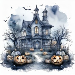 Watercolor landscape. Old house, cemetery and holidays pumpkins. Halloween holiday illustration. Magic, symbol of horror. Scary Night. Can be use in holidays design, posters, invitations, cards