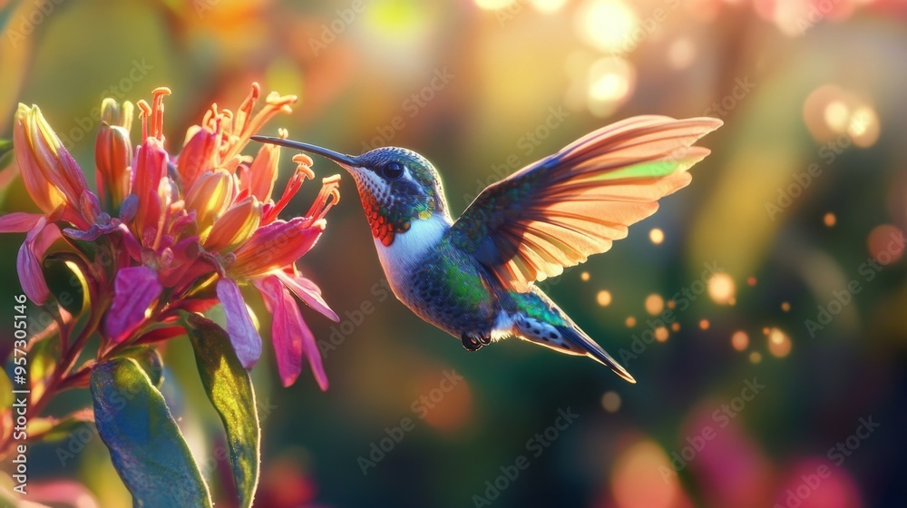 Poster a detailed image of a hummingbird hovering near a vibrant flower, with its iridescent feathers and r