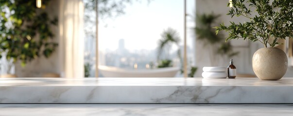 A modern, elegant countertop with a marble finish and soft natural light illuminating a serene indoor space with greenery.
