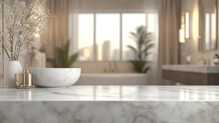 Elegant bathroom interior with natural light, featuring a marble countertop, decorative bowl, and soft curtains.