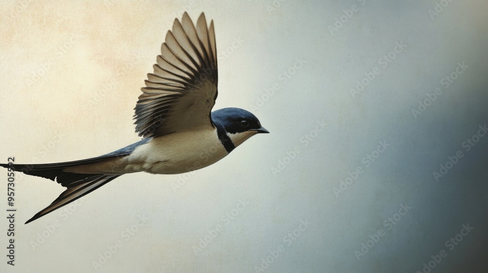Poster A detailed image of a swallow darting through the sky, with its sleek body and swift movements captured against a slightly overcast sky, highlighting its agile flight.